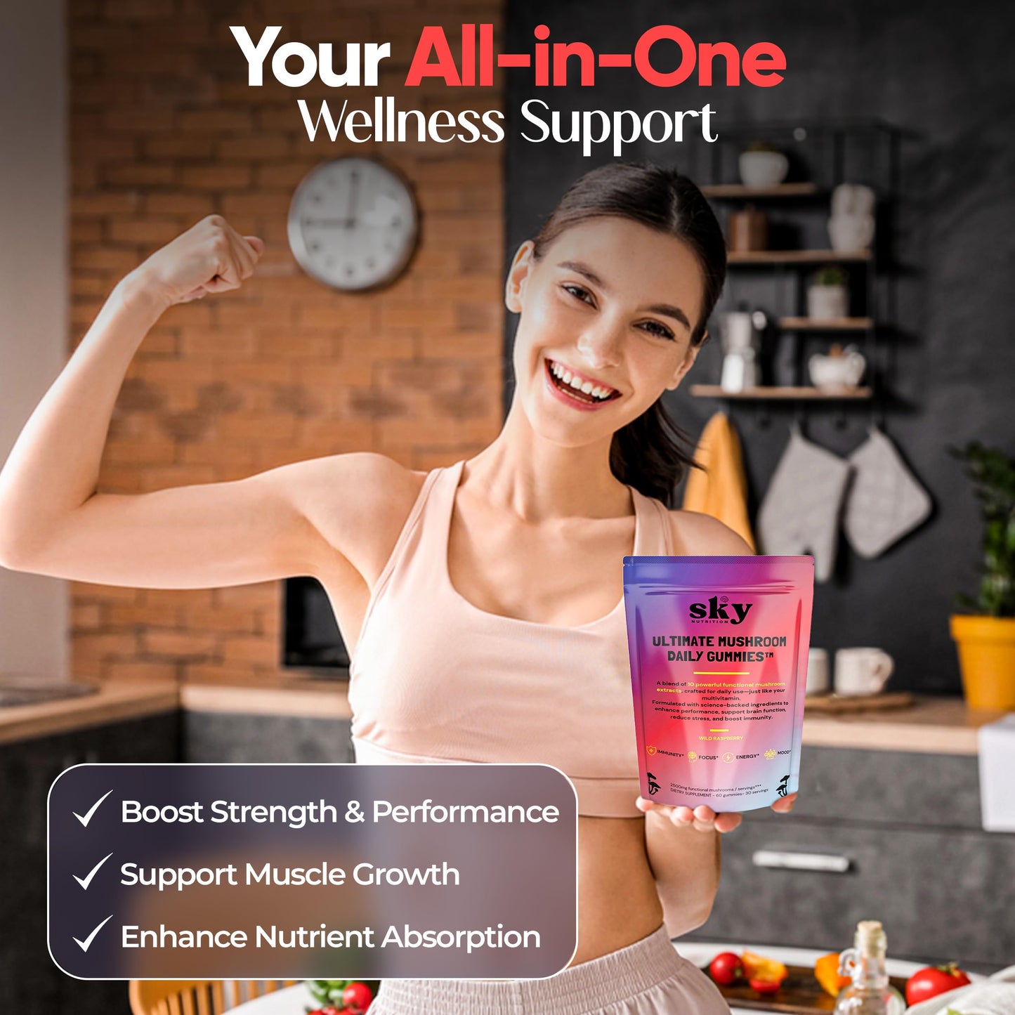 SKY NUTRITION Mushroom Gummies - 10-in-1 Focus & Brain Support, Raspberry Flavor, 60 Vegan Gummies