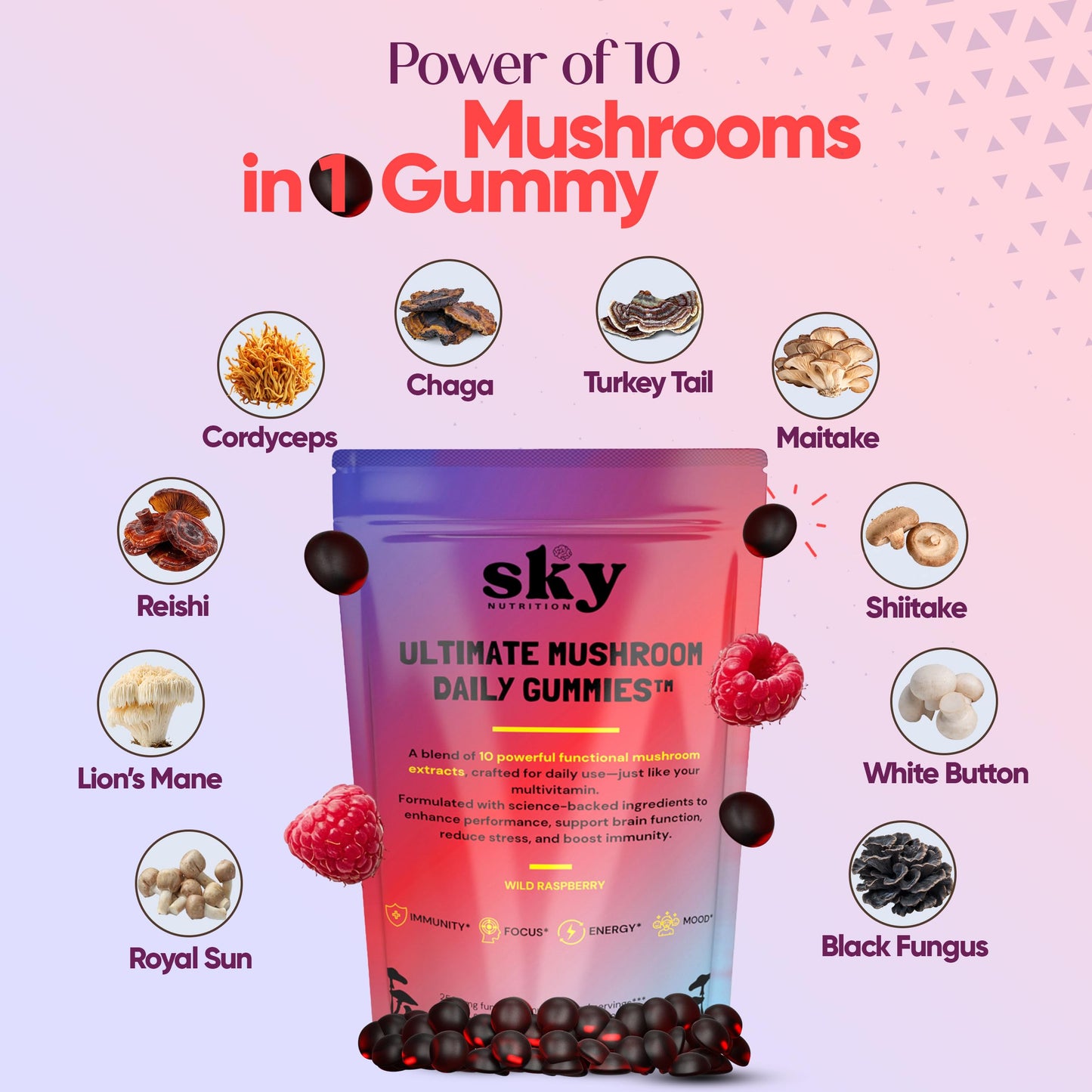 SKY NUTRITION Mushroom Gummies - 10-in-1 Focus & Brain Support, Raspberry Flavor, 60 Vegan Gummies