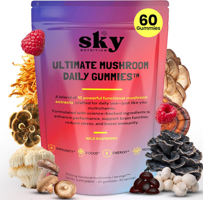 SKY NUTRITION Mushroom Gummies - 10-in-1 Focus & Brain Support, Raspberry Flavor, 60 Vegan Gummies