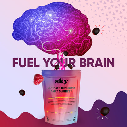 SKY NUTRITION Mushroom Gummies - 10-in-1 Focus & Brain Support, Raspberry Flavor, 60 Vegan Gummies
