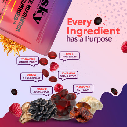 SKY NUTRITION Mushroom Gummies - 10-in-1 Focus & Brain Support, Raspberry Flavor, 60 Vegan Gummies
