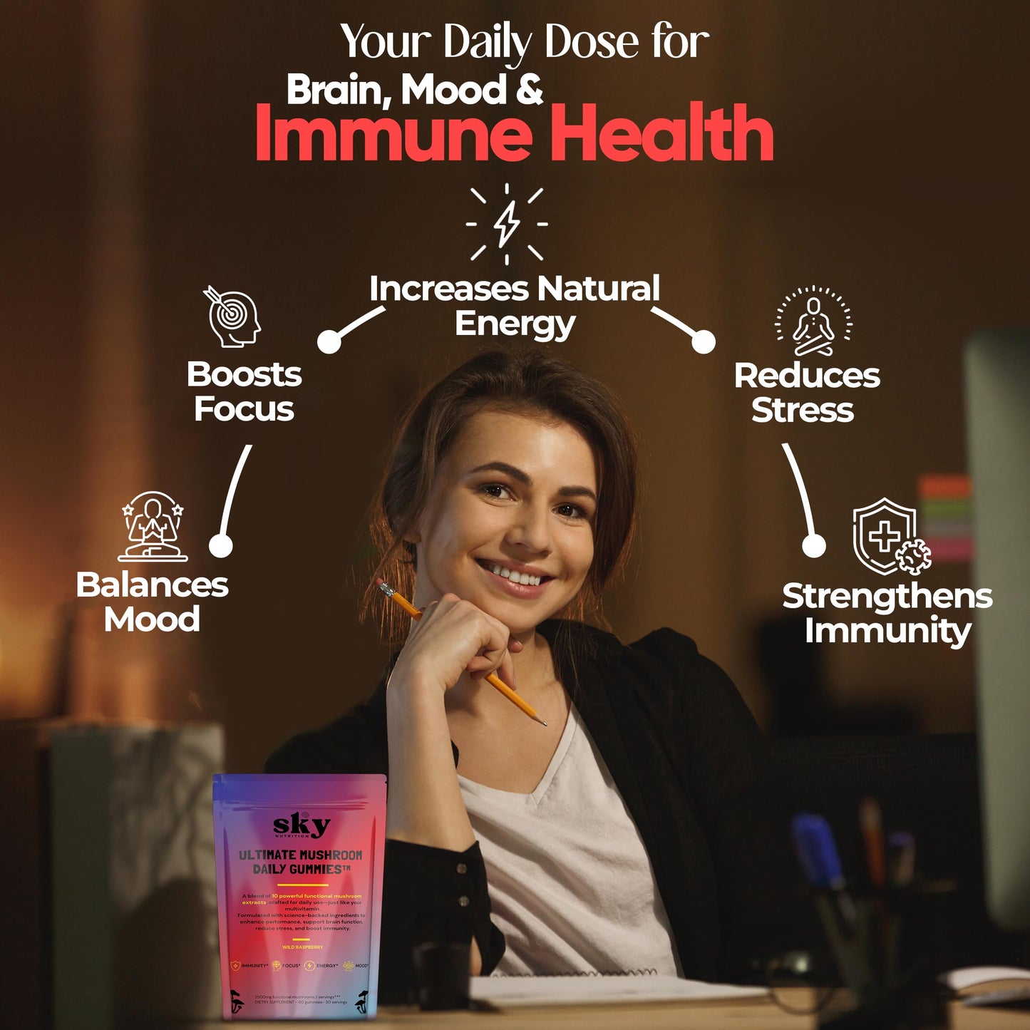 SKY NUTRITION Mushroom Gummies - 10-in-1 Focus & Brain Support, Raspberry Flavor, 60 Vegan Gummies