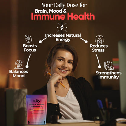 SKY NUTRITION Mushroom Gummies - 10-in-1 Focus & Brain Support, Raspberry Flavor, 60 Vegan Gummies