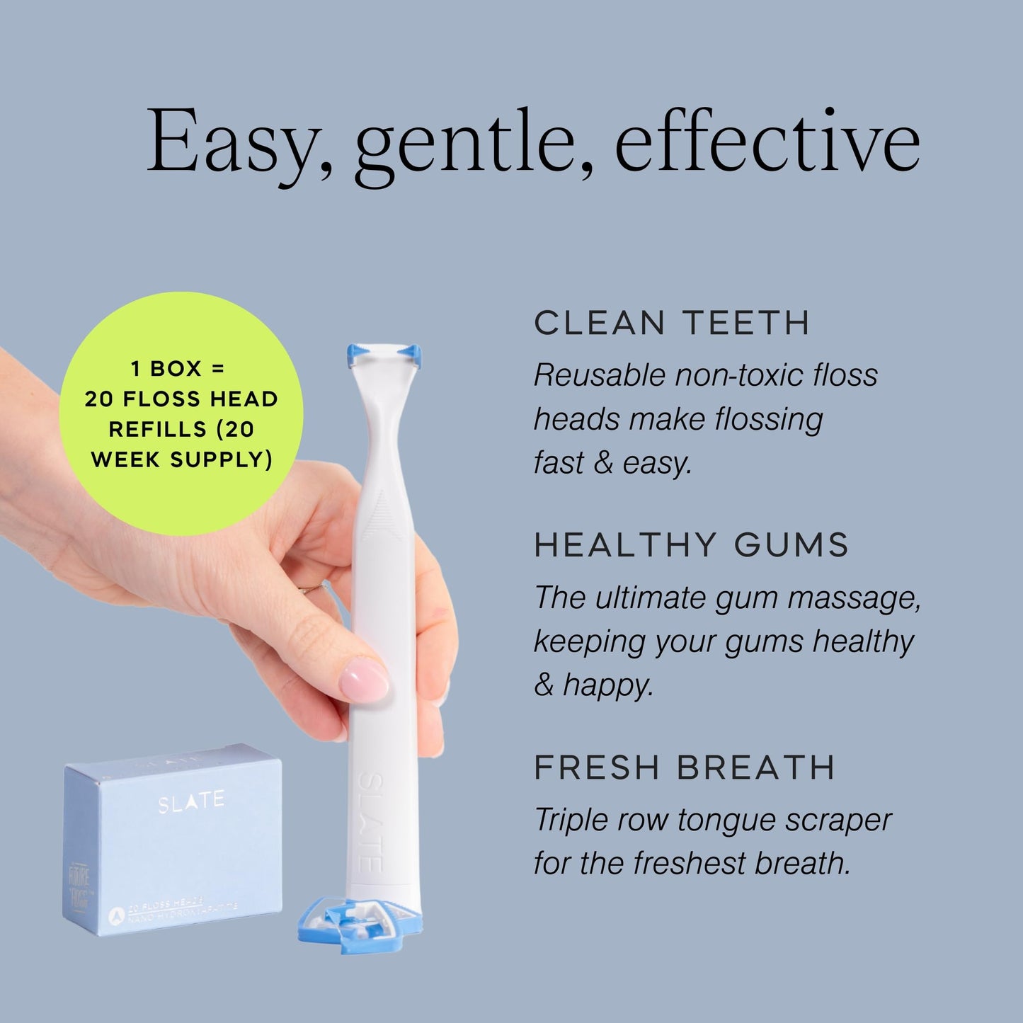 Slate Flosser Refills – Reusable Woven Floss, PFAS-Free, Non-Toxic | 20-Pk Gray Thin Floss Heads