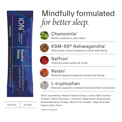 ION* Intelligence of Nature Restful Sleep – Ashwagandha Calm Sleep Aid Powder Drink Mix with Magnesium and L-Theanine for Women and Men – 20 Packets