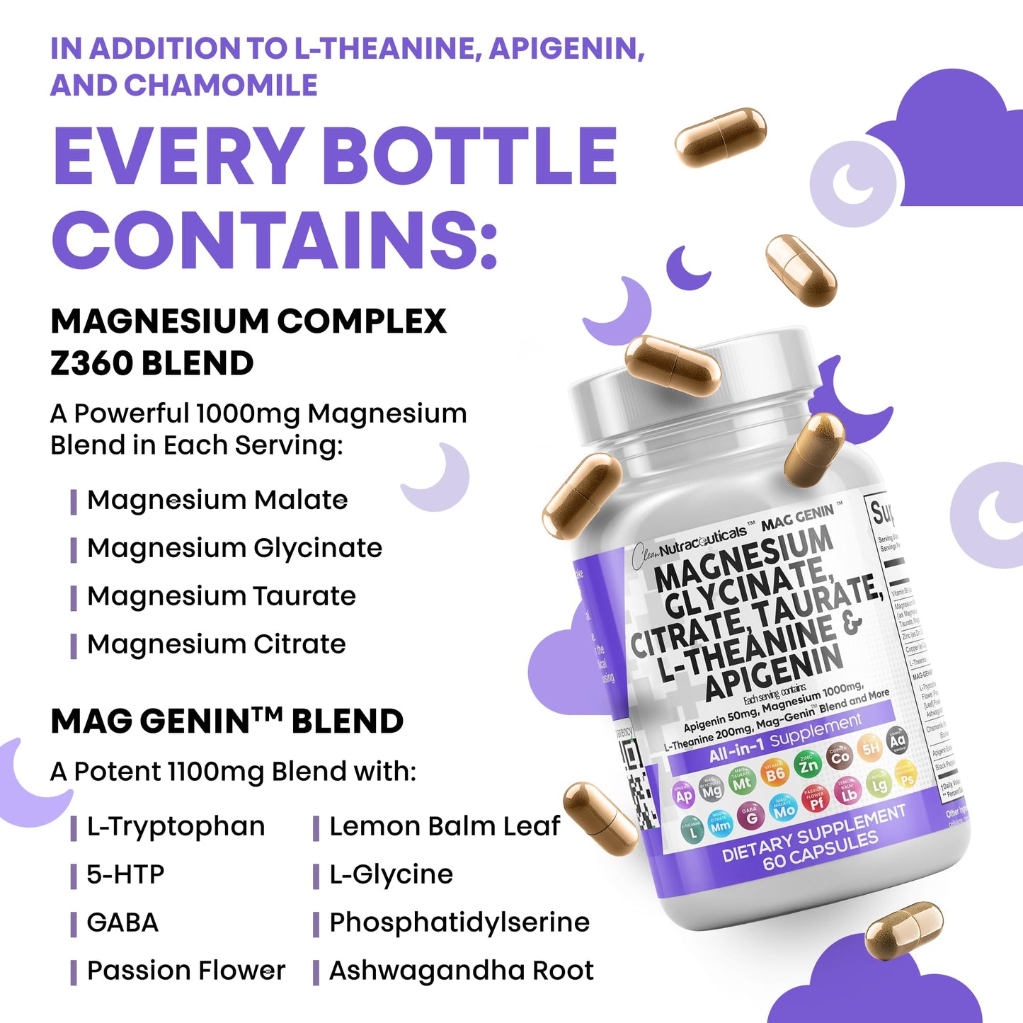 Magnesium Glycinate Complex 1000mg with L-Theanine & Apigenin – 60 Count | Clean Nutraceuticals