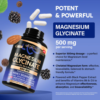 Magnesium Glycinate 500 mg – 98% Absorption | Sleep, Muscles & Heart Health | USA Made