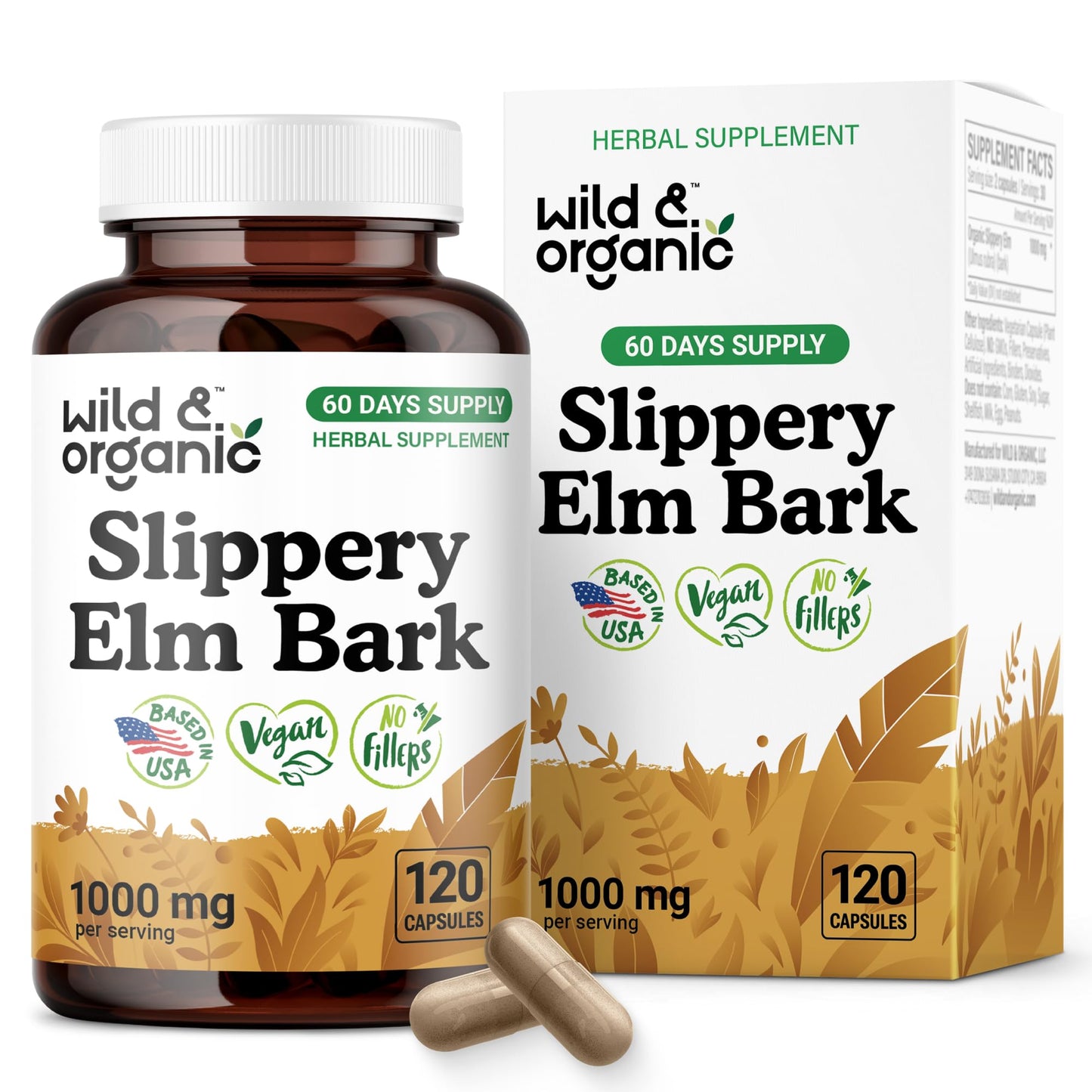 Wild & Organic Slippery Elm Bark Capsules 1000 mg – 120 Count | Digestive, Lung & Women's Support | Vegan, Non-GMO
