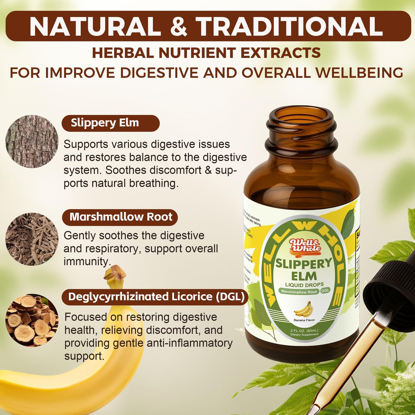 Slippery Elm Liquid Drops with Marshmallow Root & DGL – Digestive Health, Throat & Immune Support – Vegan 60ML
