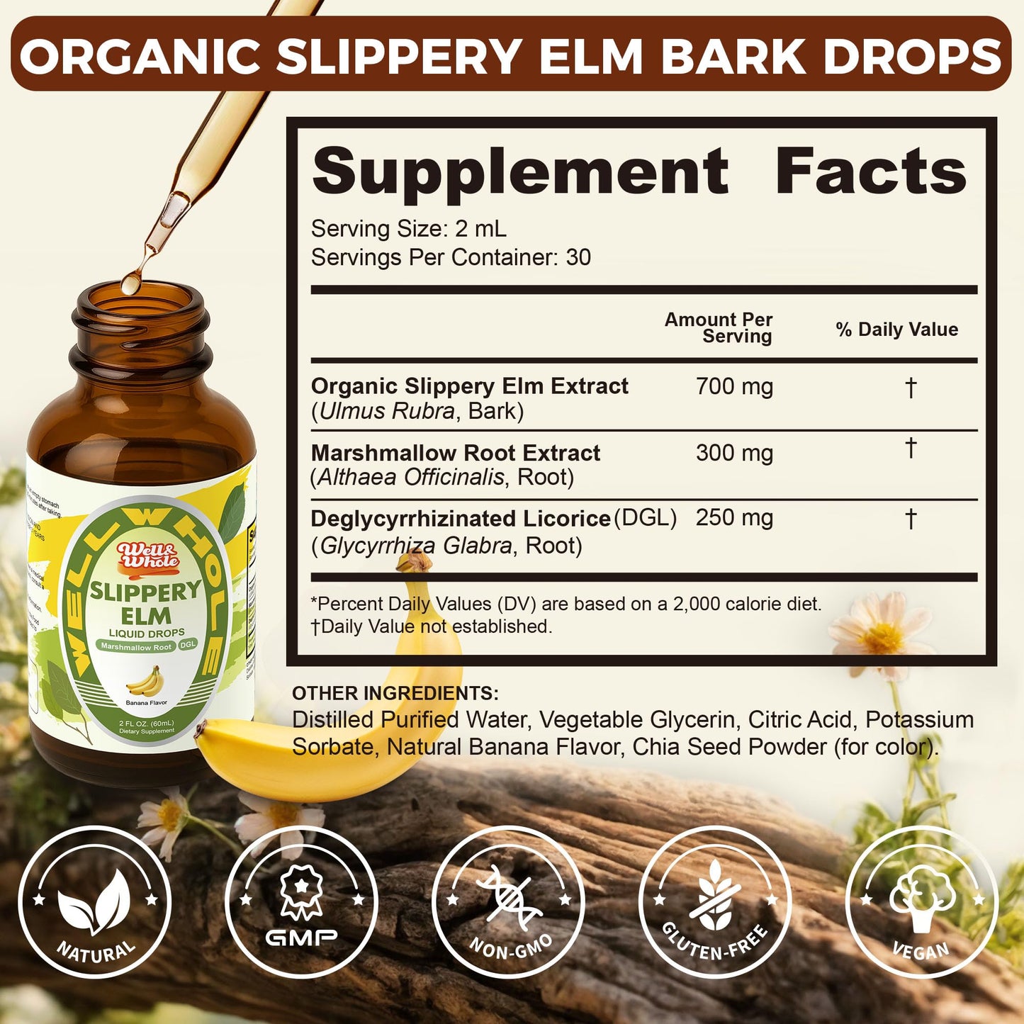 Slippery Elm Liquid Drops with Marshmallow Root & DGL – Digestive Health, Throat & Immune Support – Vegan 60ML