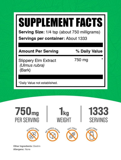 BulkSupplements Slippery Elm Bark Extract Powder – Gluten Free, 750 mg per Serving, 1 kg