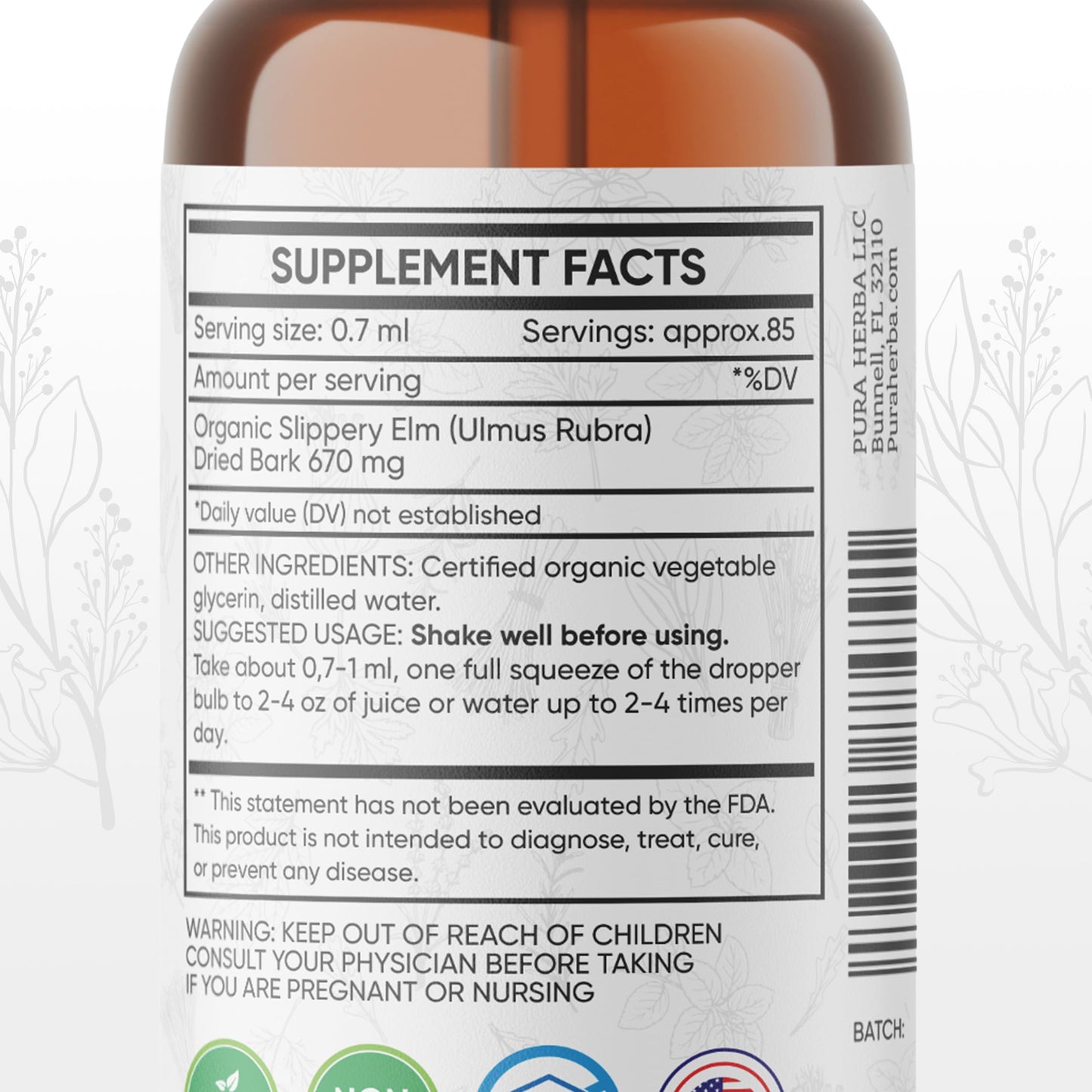Slippery Elm Tincture - Alcohol-Free (4 oz) | Ulmus rubra Liquid Extract | Digestive & Throat Support