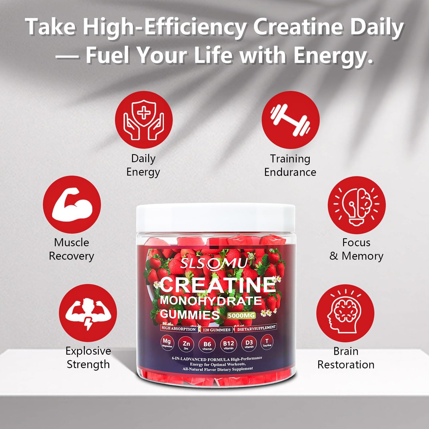 Slsomu Creatine Monohydrate Gummies 5000mg – Strawberry, 120 Gummies | Vegan Pre-Workout