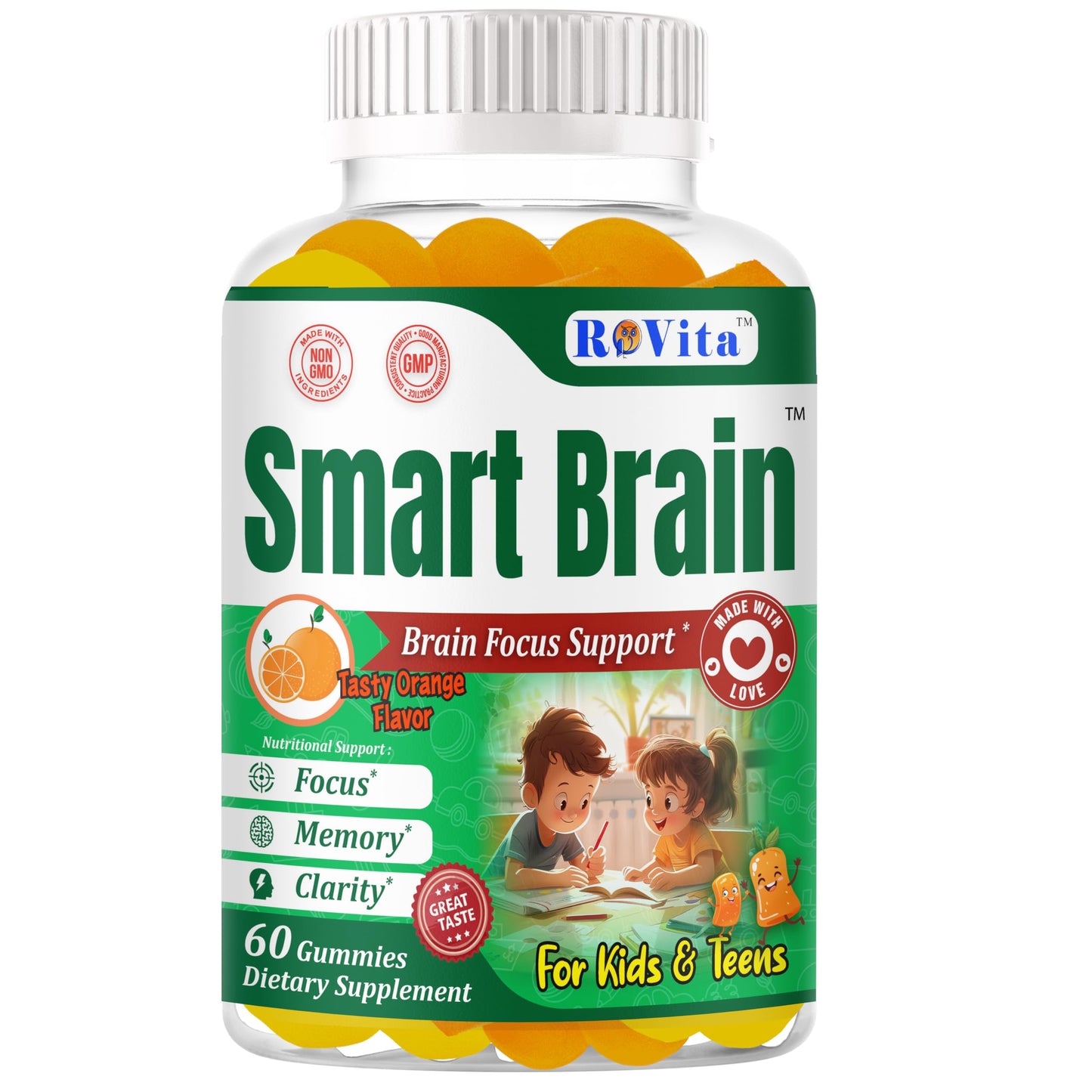 Smart Brain Focus Gummies for Kids & Teens – Plant-Based Omega-3 DHA, Non-GMO (60 Count)