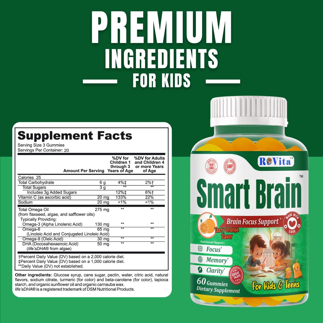 Smart Brain Focus Gummies for Kids & Teens – Plant-Based Omega-3 DHA, Non-GMO (60 Count)