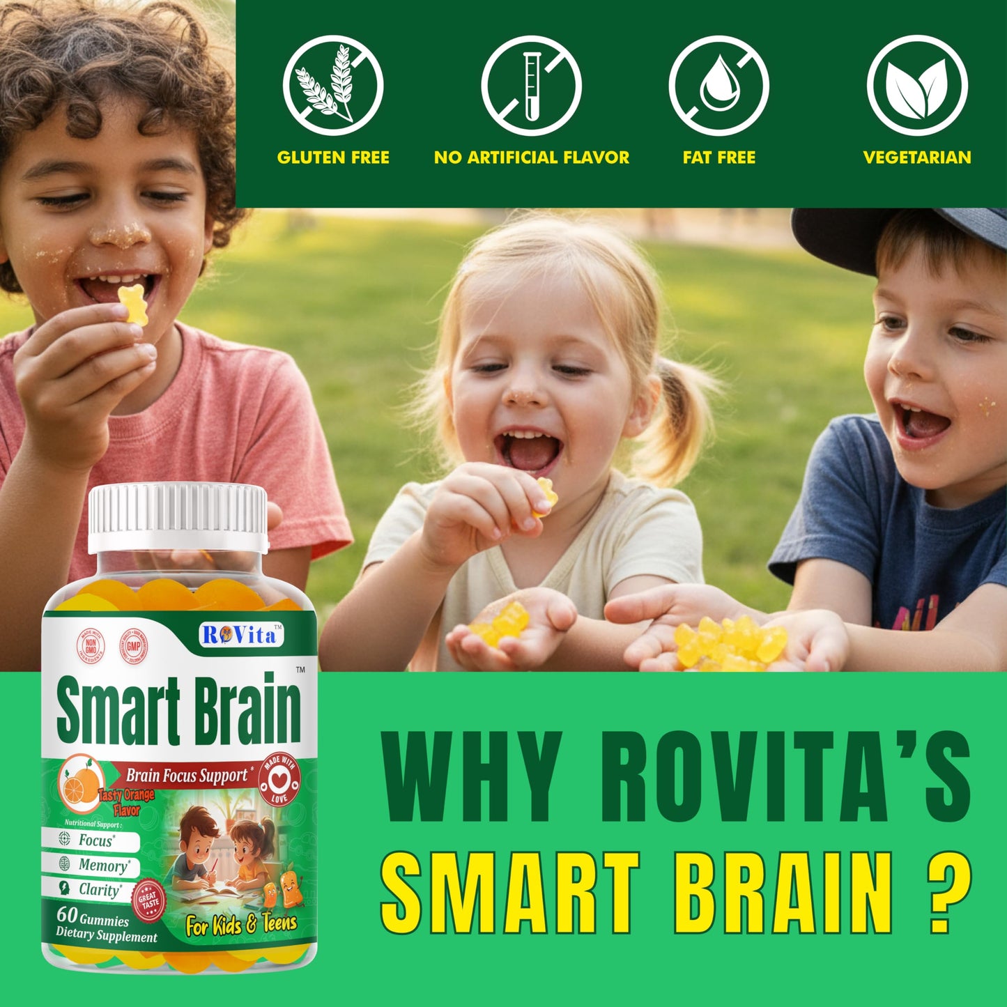 Smart Brain Focus Gummies for Kids & Teens – Plant-Based Omega-3 DHA, Non-GMO (60 Count)