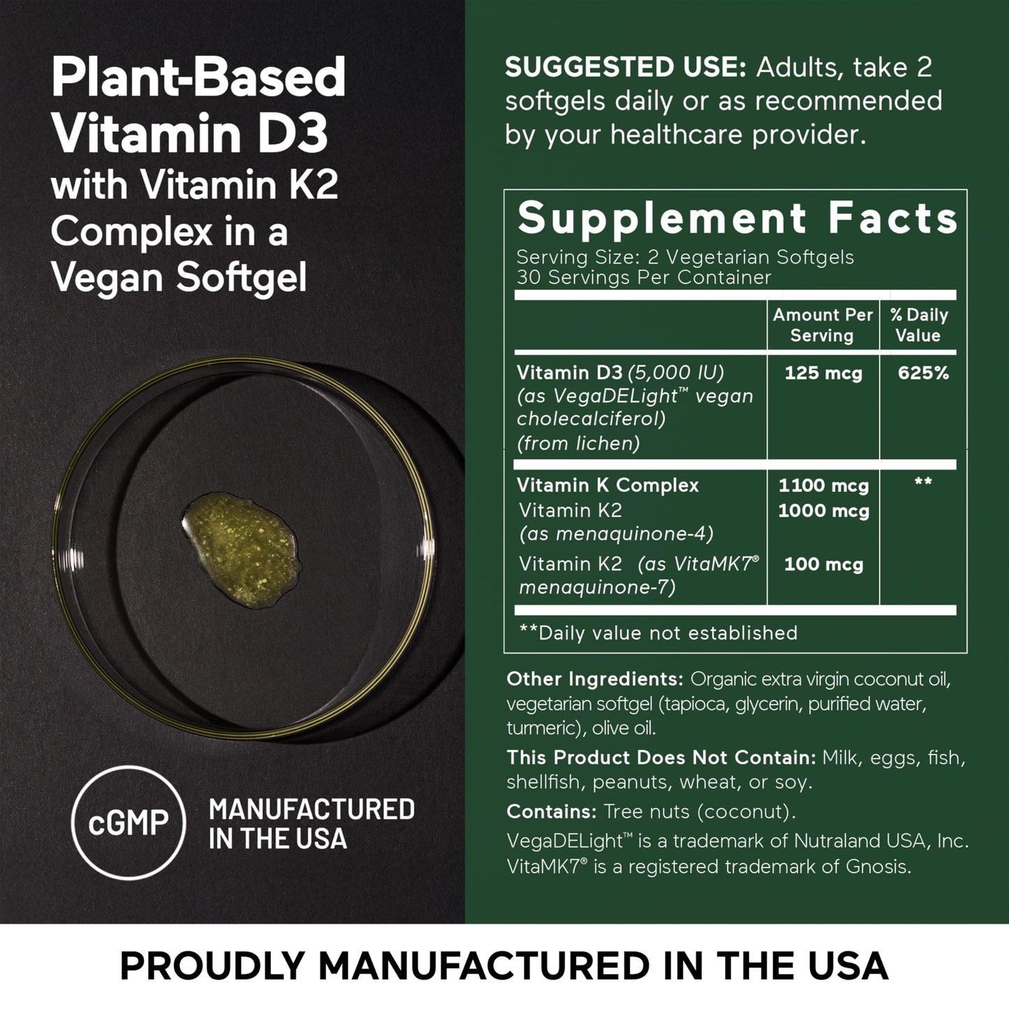 SMARTERNUTRITION Vegan Vitamin D3 5000 IU + Vitamin K2 1100 mcg – Organic Coconut & Olive Oil, 360 Softgels (180-Day Supply)