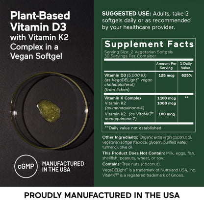 SMARTERNUTRITION Vegan Vitamin D3 5000 IU + Vitamin K2 1100 mcg – Organic Coconut & Olive Oil, 360 Softgels (180-Day Supply)