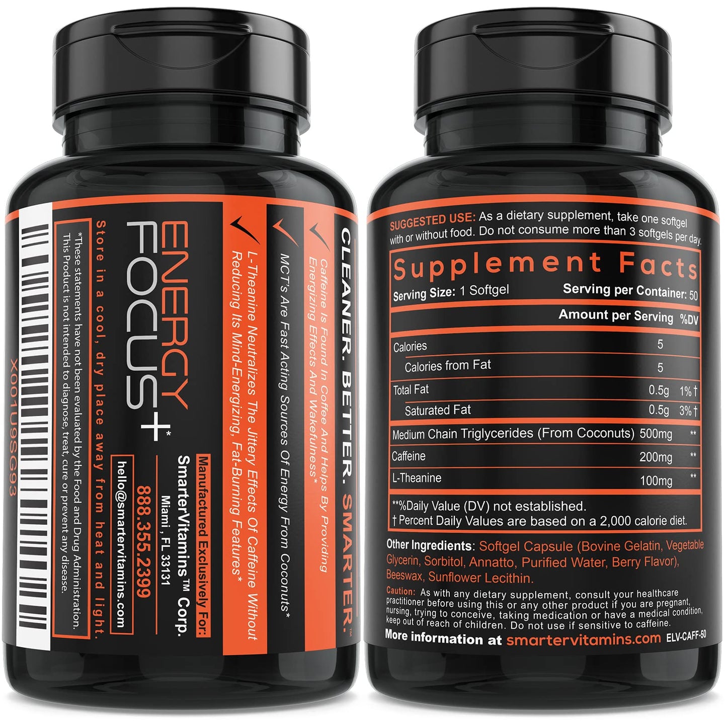 SmarterVitamins 3-Pack Caffeine Pills with L-Theanine & MCT Oil | Extended-Release Energy & Focus