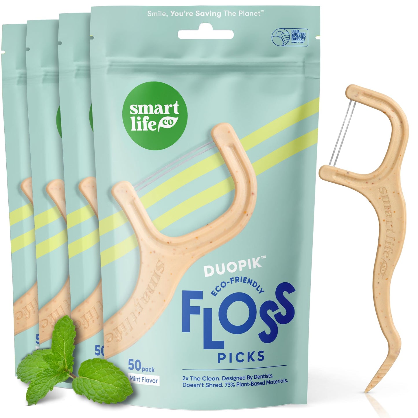 SmartLifeco Eco-Friendly Dual-Thread Dental Floss Picks (200ct) - Straw-Wheat Blend, Mint