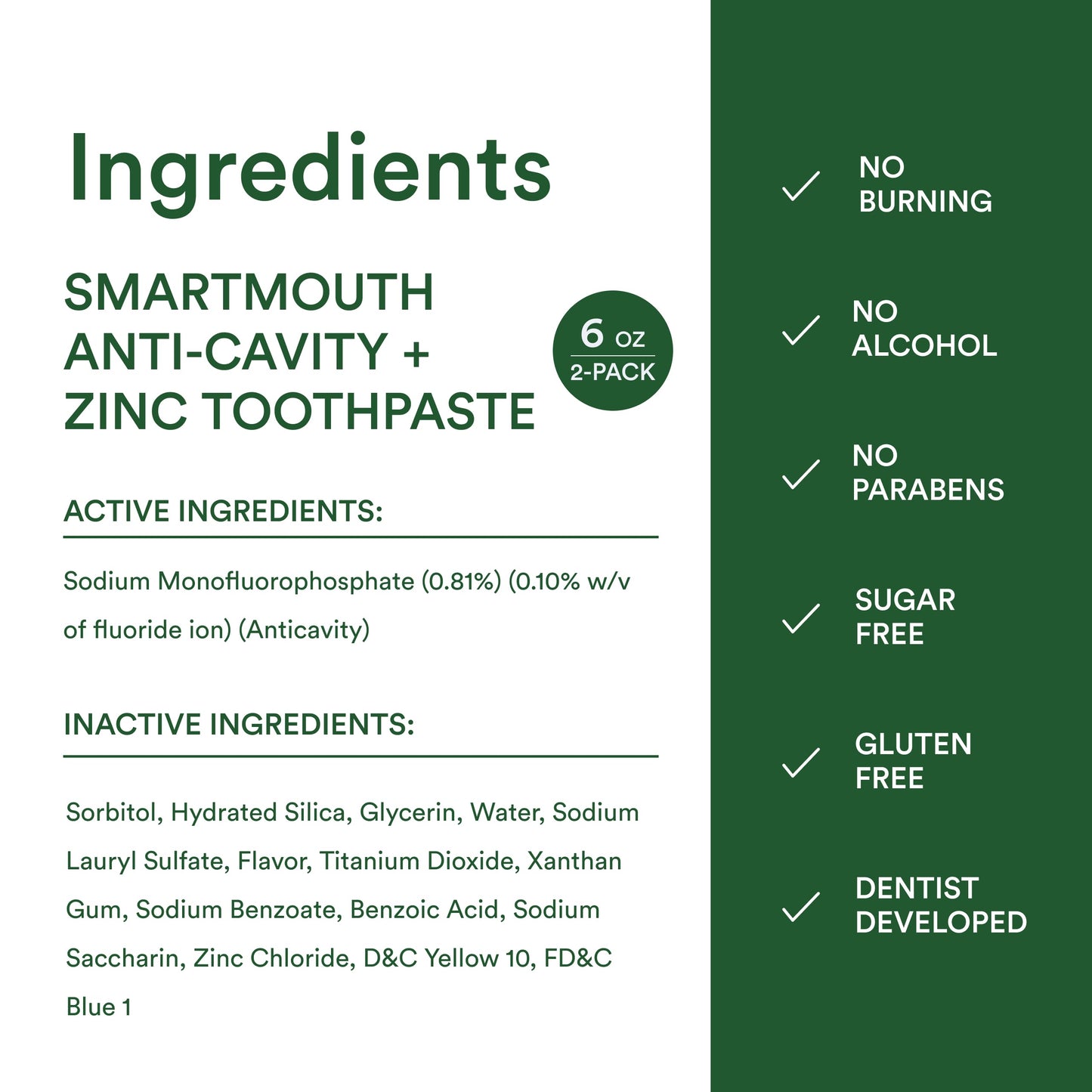 SmartMouth Premium Zinc Ion Toothpaste – Whitening, Fluoride, 6 oz 2-Pack – Anti-Cavity & Enamel Strengthening, Mild Mint