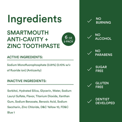 SmartMouth Premium Zinc Ion Toothpaste – Whitening, Fluoride, 6 oz 2-Pack – Anti-Cavity & Enamel Strengthening, Mild Mint