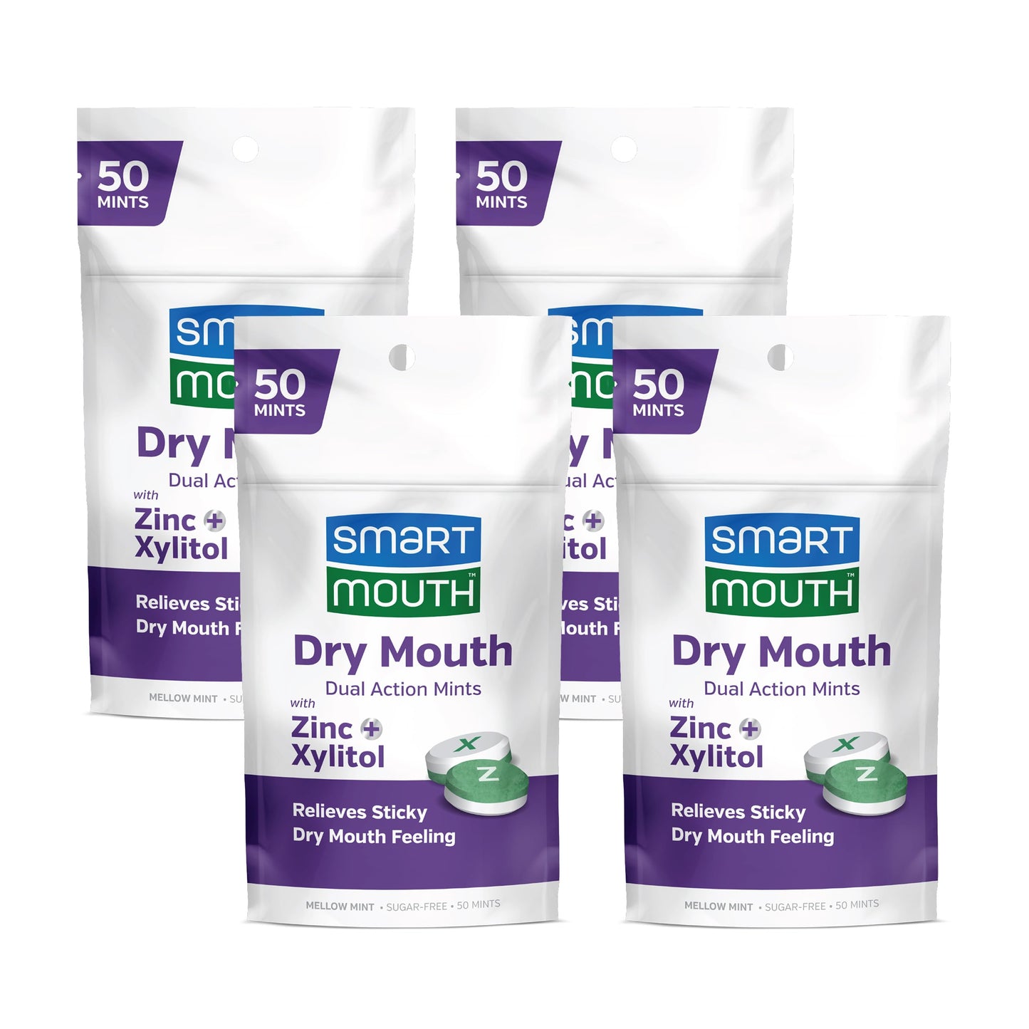 SmartMouth Dry Mouth Dual-Action Mints - Sugar-Free (50 Count, 4 Pack) - Mellow Mint