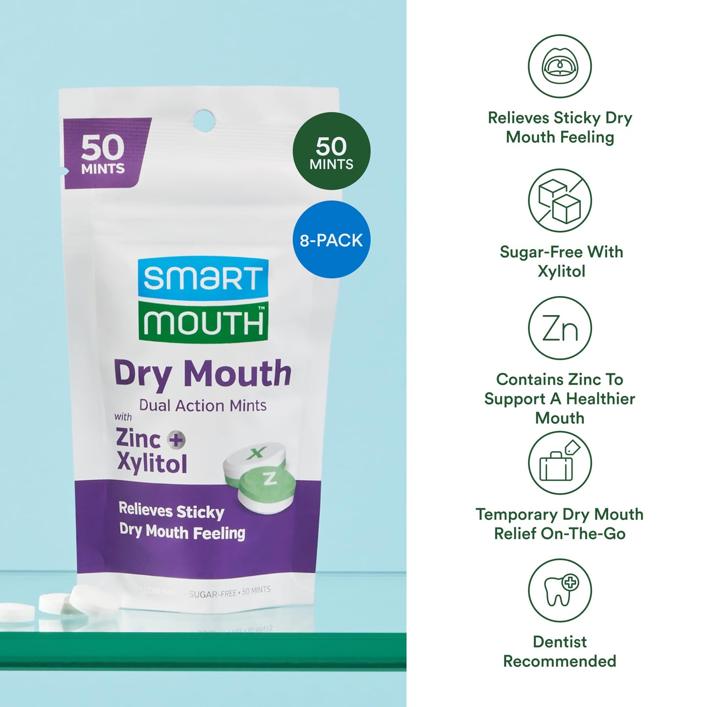 SmartMouth Dry Mouth Dual-Action Mints - Sugar-Free Breath (Mellow Mint), 50 Count, 8 Pack