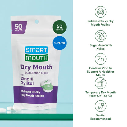 SmartMouth Dry Mouth Dual-Action Mints - Sugar-Free Breath (Mellow Mint), 50 Count, 8 Pack
