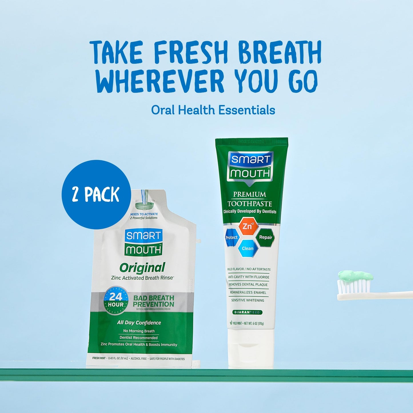SmartMouth Original Activated Mouthwash Singles & Premium Zinc Ion Toothpaste