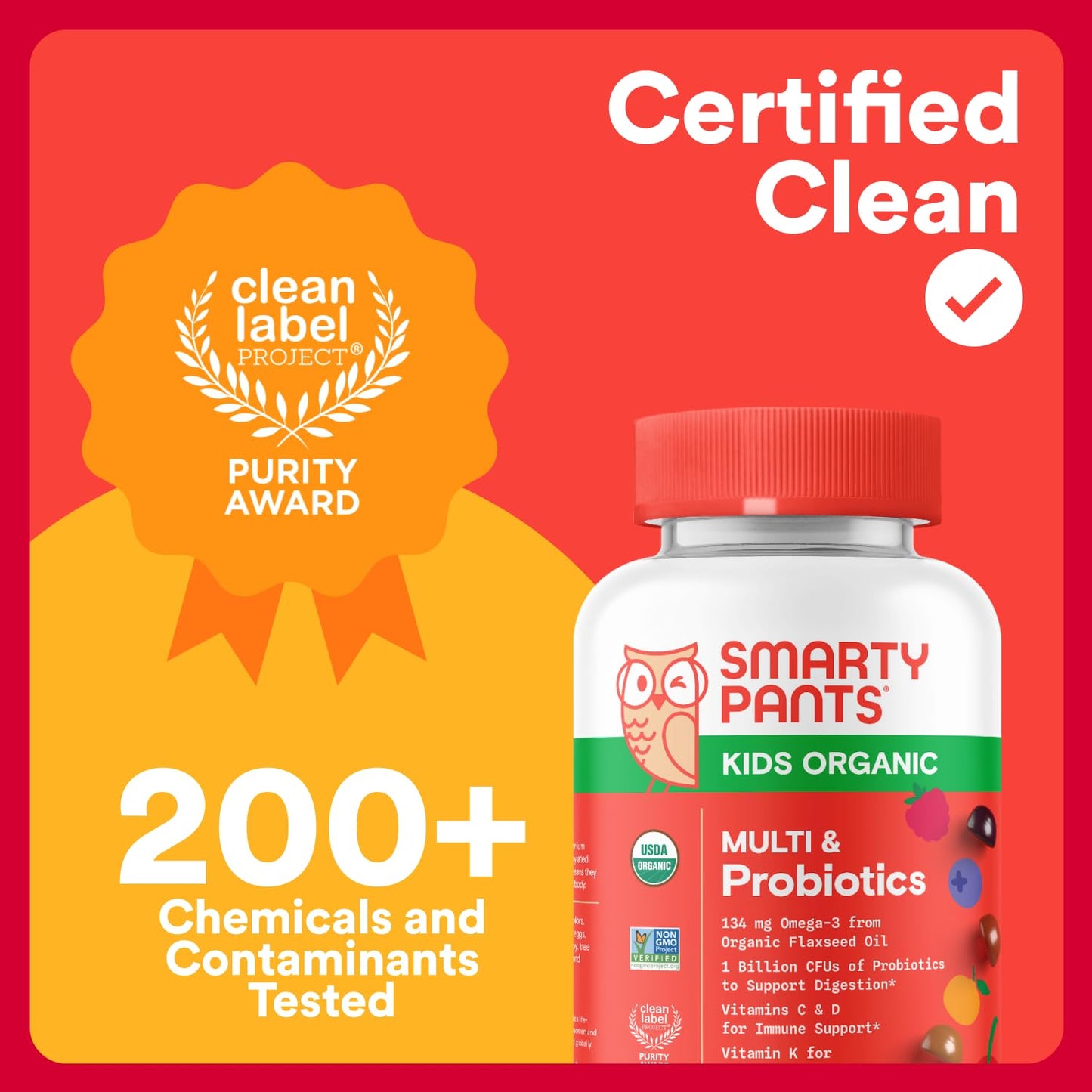 SmartyPants Organic Kids Multivitamin Gummies with Probiotics, Omega-3 ALA, Vitamin D3, C, B Vitamins, Zinc — 120 Count (30 Day Supply)