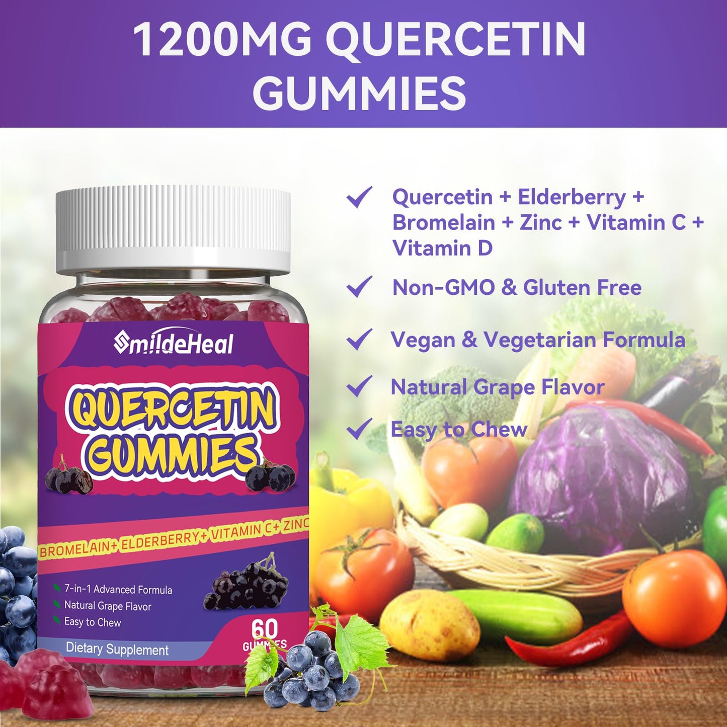 SmildeHeal 2 Pack Quercetin Gummies 1200MG – Vegan Immune Support