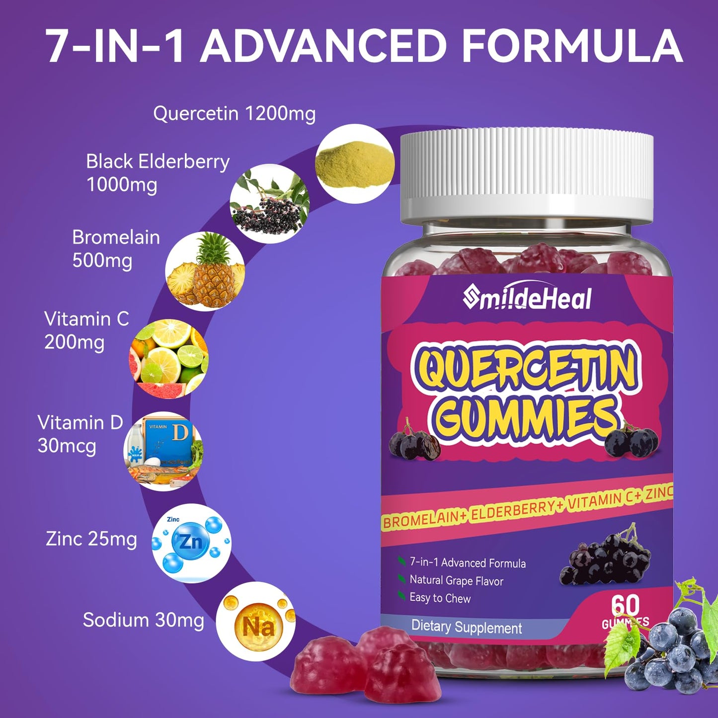 SmildeHeal 2 Pack Quercetin Gummies 1200MG – Vegan Immune Support