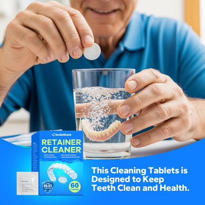 SmileShark Retainer Cleaner (60 Tablets) | Denture Cleaning Tablets with Minty Odor Neutralizing