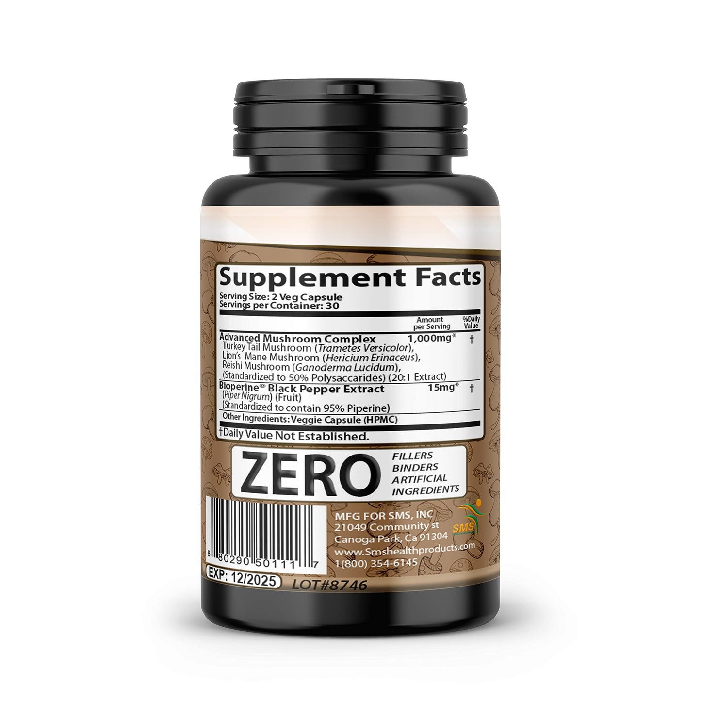 SMSHEALTH Mushroom Capsules - 50% Polysaccharides, 2000mg Daily – Lion's Mane, Reishi, Turkey Tail