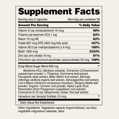 Snap Supplements Blood Sugar Blend — CoQ10, Cinnamon, Gymnema, Alpha Lipoic Acid, Sugar Free, 60 Capsules, 2 Pack