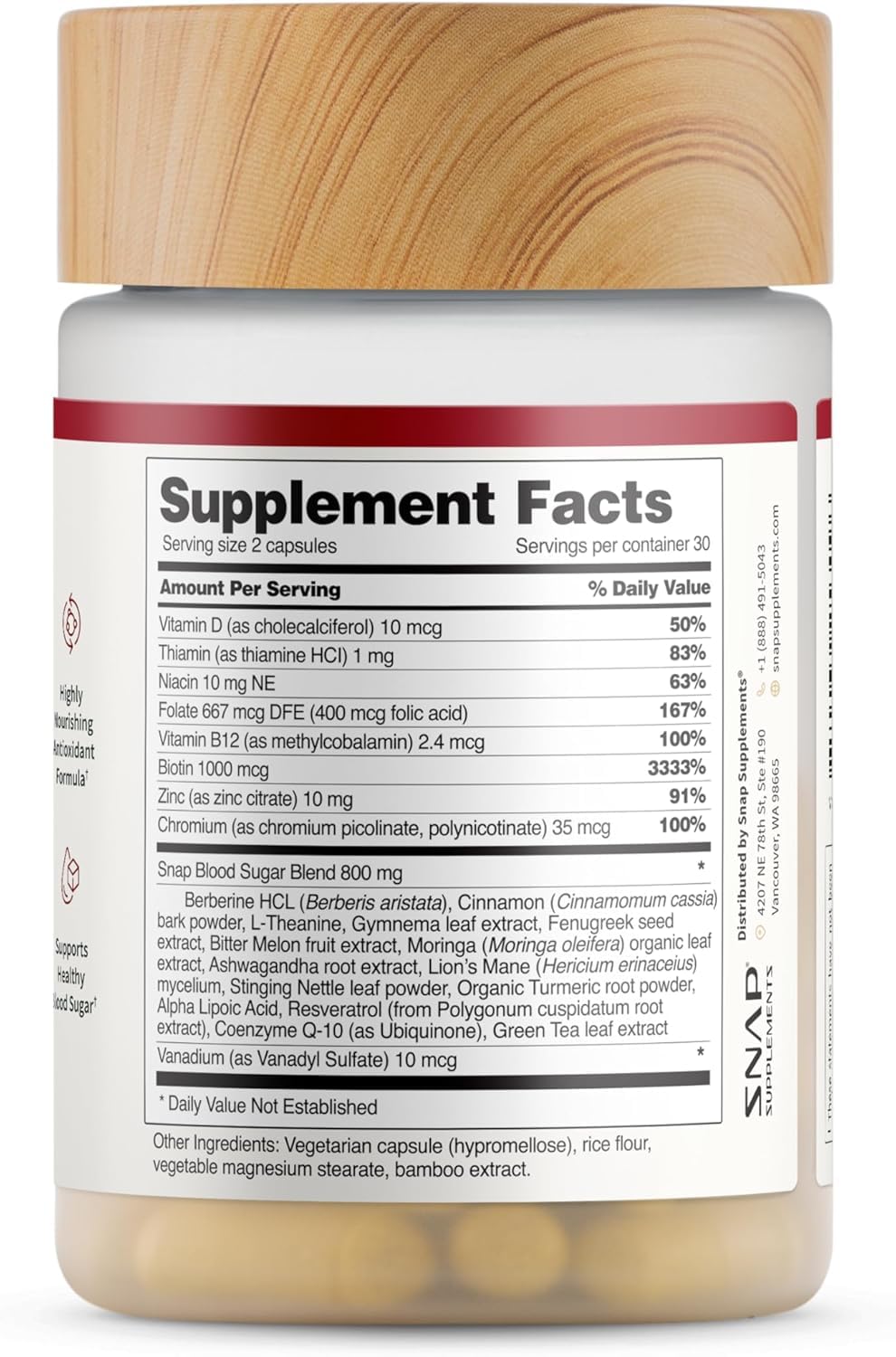 Snap Supplements Blood Sugar Blend — CoQ10, Cinnamon, Gymnema, Alpha Lipoic Acid, Sugar Free, 60 Capsules, 2 Pack