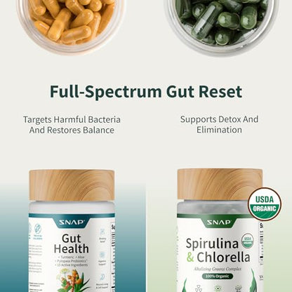 Snap Supplements Gut Health Bundle – Probiotic, Digestive Enzymes & Greens (50+120 Veg Capsules)
