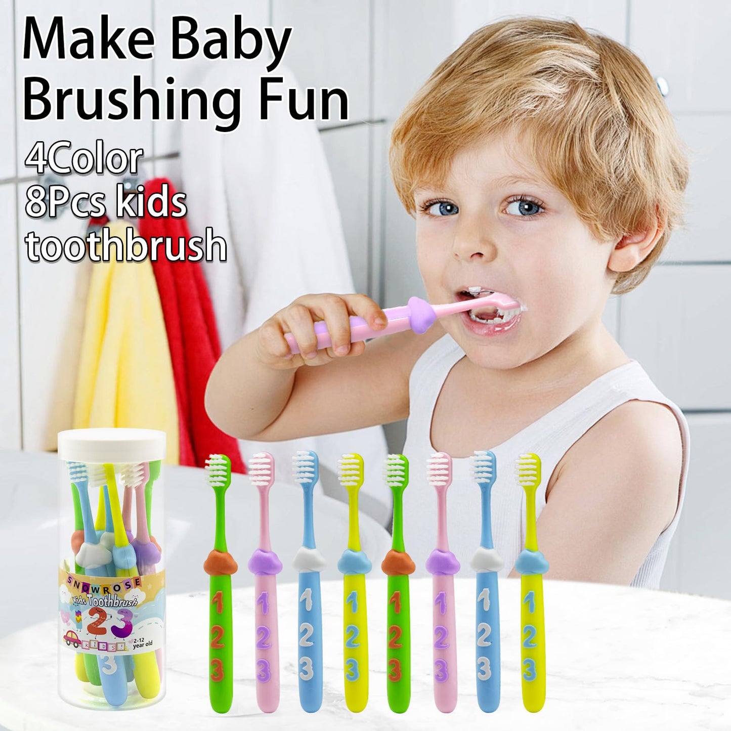 SNOWROSE 8 Pcs Kids Toothbrushes - Soft Bristles for 2–12 Years Old - Multicolor Baby Toothbrush Pack