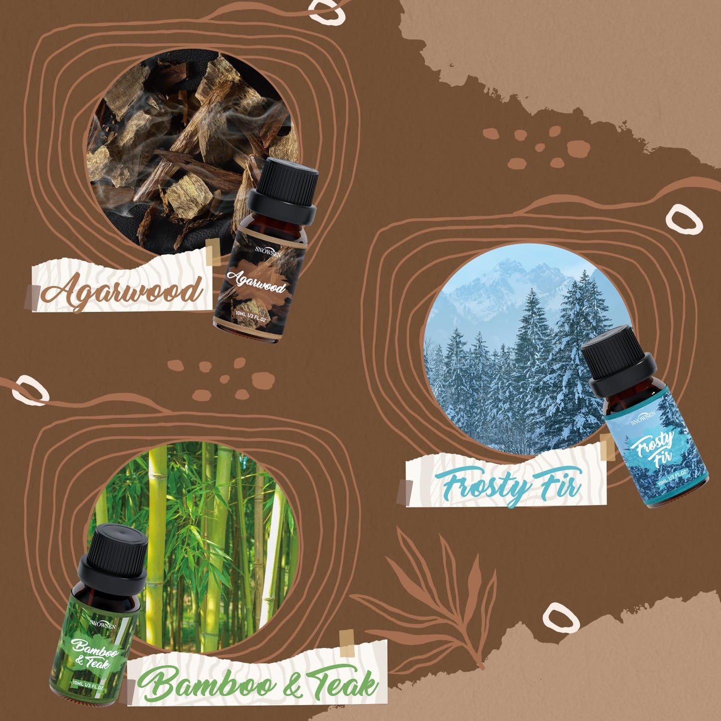 SNOWSEN Woody Essential Oil Set – 6 Pure Wood Scents for Diffusers