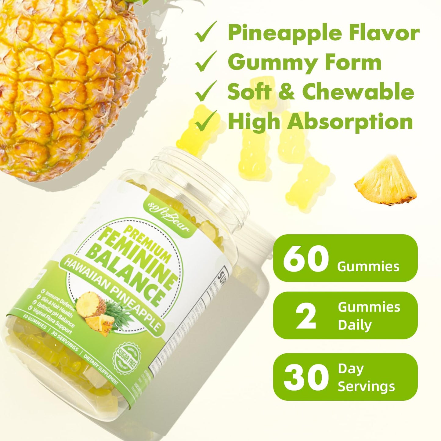 softbear Premium Feminine Balance Gummies for Women | Pineapple pH Balance | Vegan & Gluten-Free | 60 Gummies