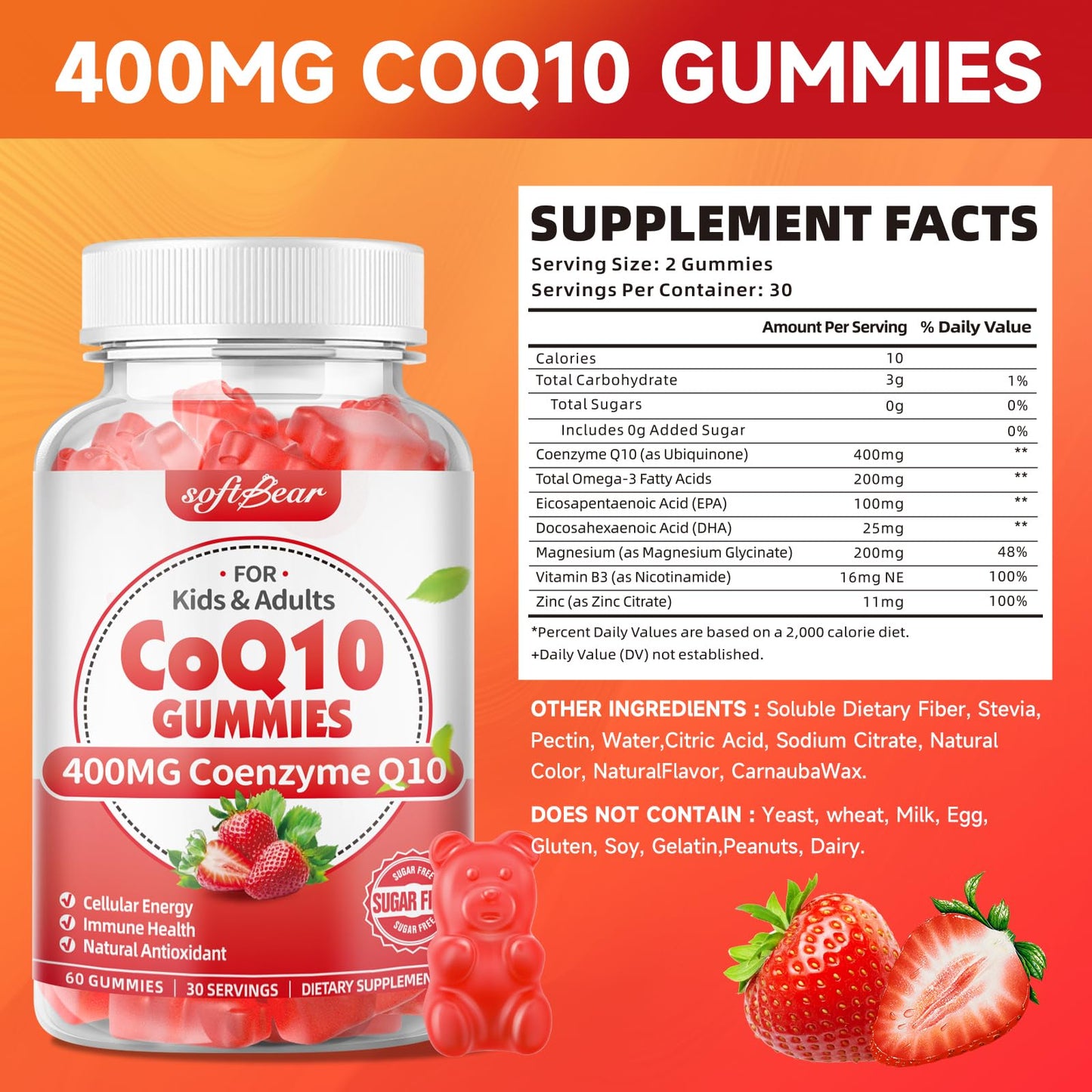 softbear CoQ10 Gummies 400mg – High-Absorption CoQ10, Omega-3 & Zinc (Strawberry, 60 Count)