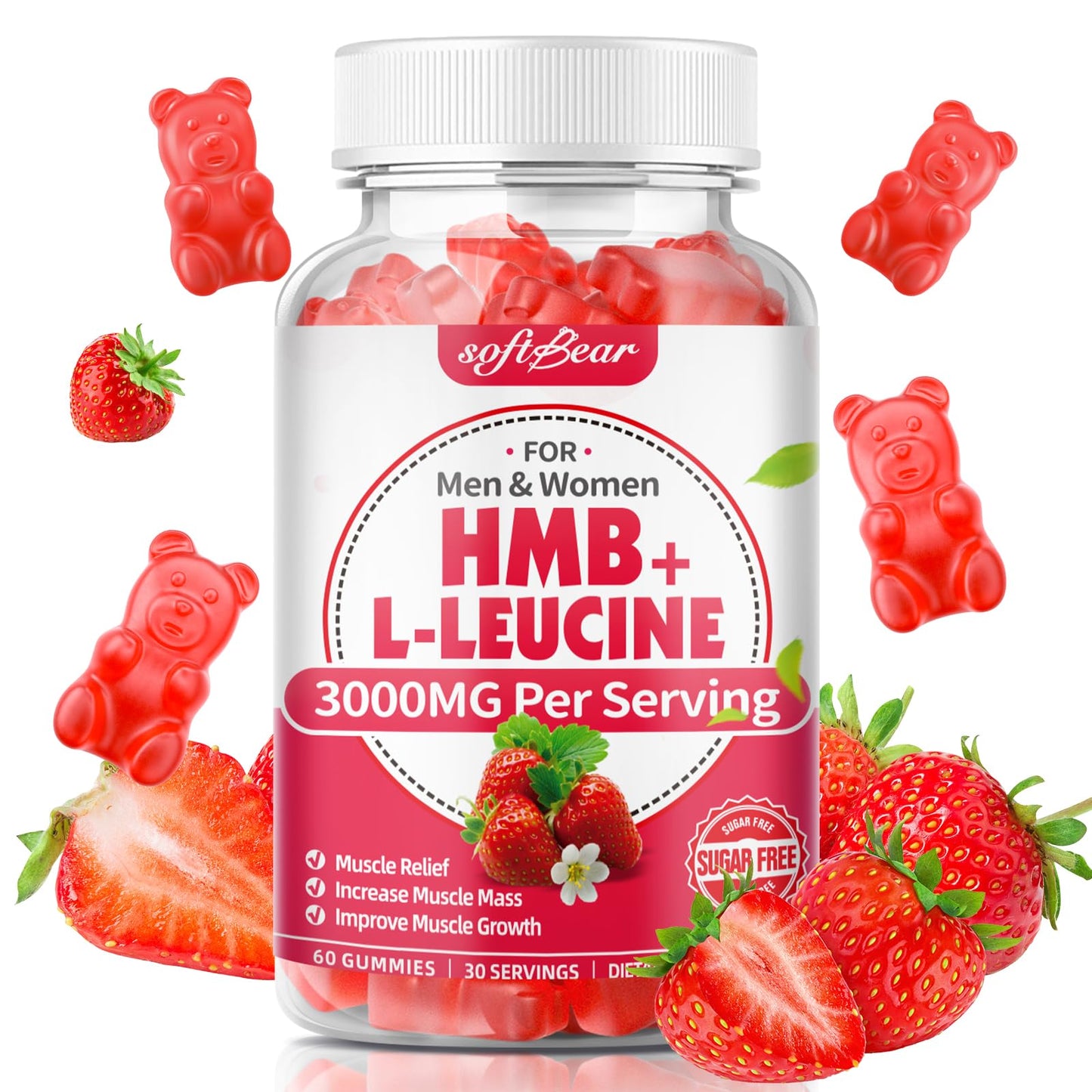 SoftBear HMB & Leucine Gummies – 3000mg HMB + Leucine for Muscle Growth & Recovery, Vegan, Gluten-Free, Non-GMO, Strawberry, 60 Count