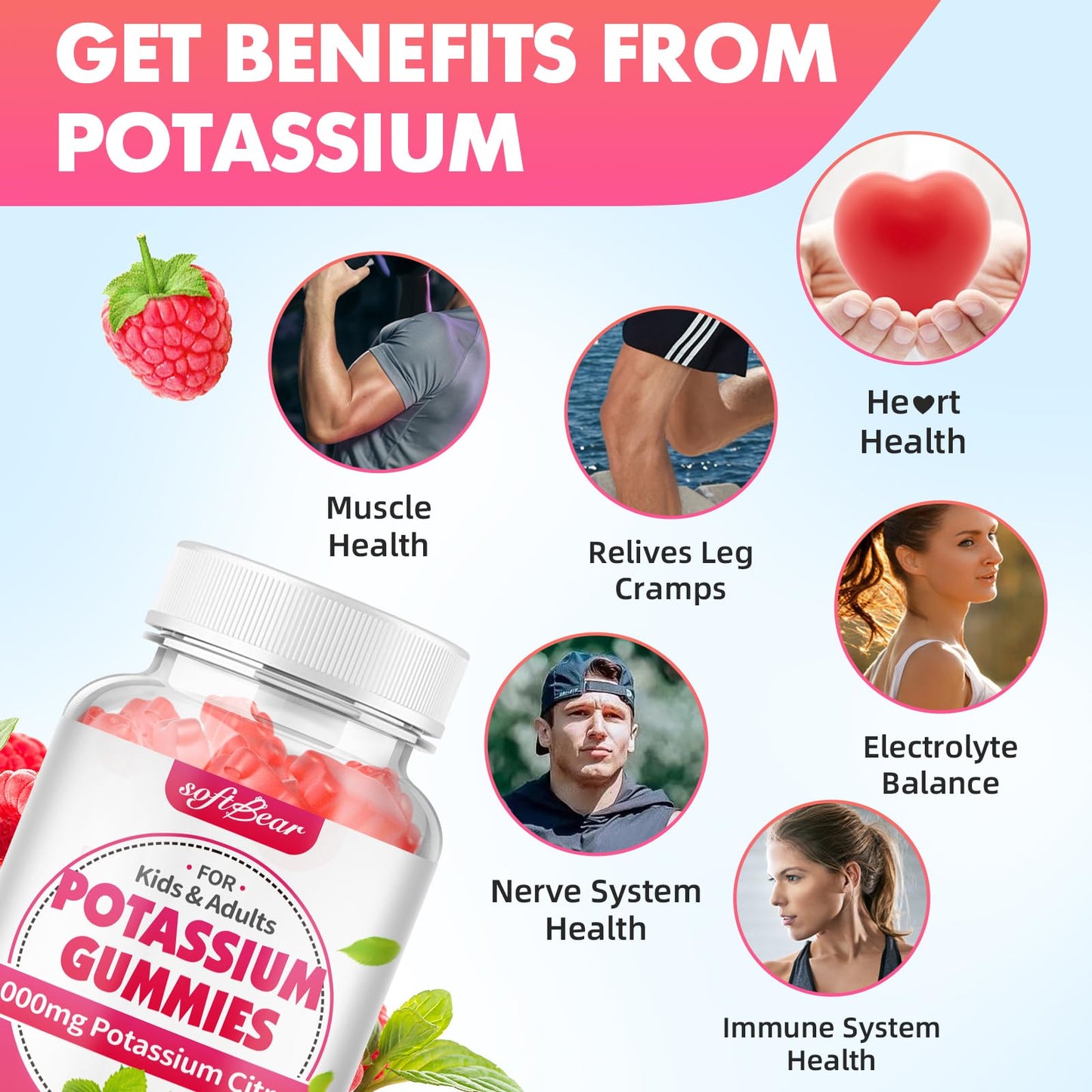 softbear Potassium Citrate 1000mg Gummies – Suagr Free Potassium Gummies for Muscle Support & Electrolyte Balance – Potassium Supplement for Women & Adults, Vegan, Raspberry Flavor (60 Count)