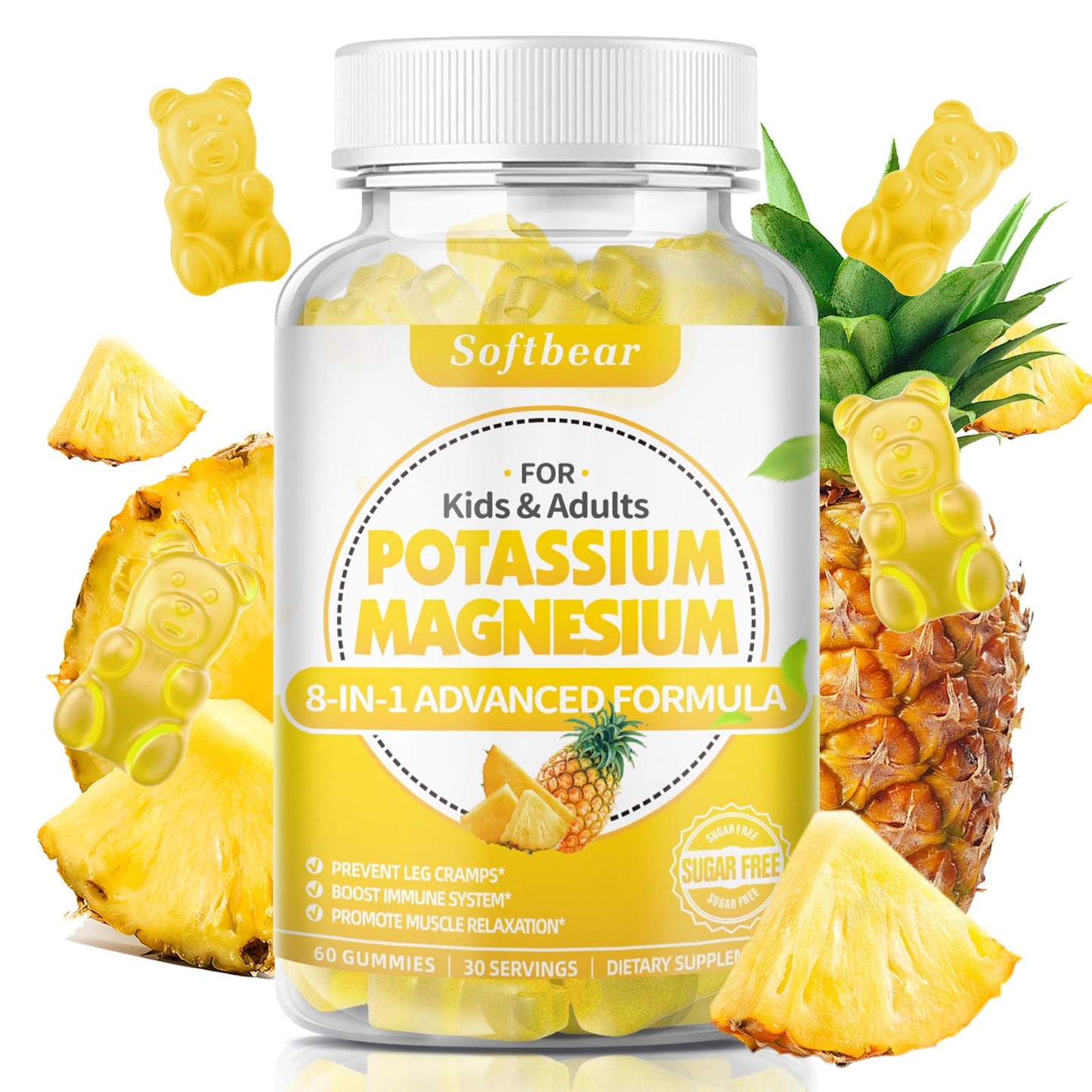 Softbear Potassium Gummies for Adults | Sugar-Free Potassium Magnesium with Vitamin B6 CoQ10 (Pineapple, 60 Gummies)