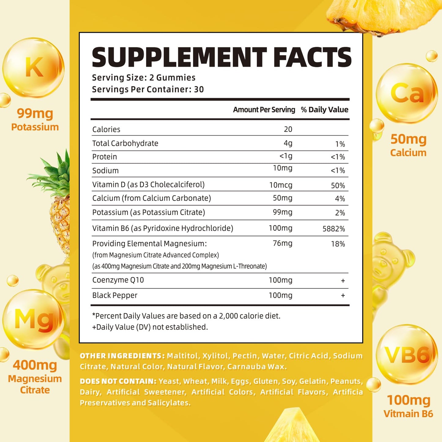 Softbear Potassium Gummies for Adults | Sugar-Free Potassium Magnesium with Vitamin B6 CoQ10 (Pineapple, 60 Gummies)