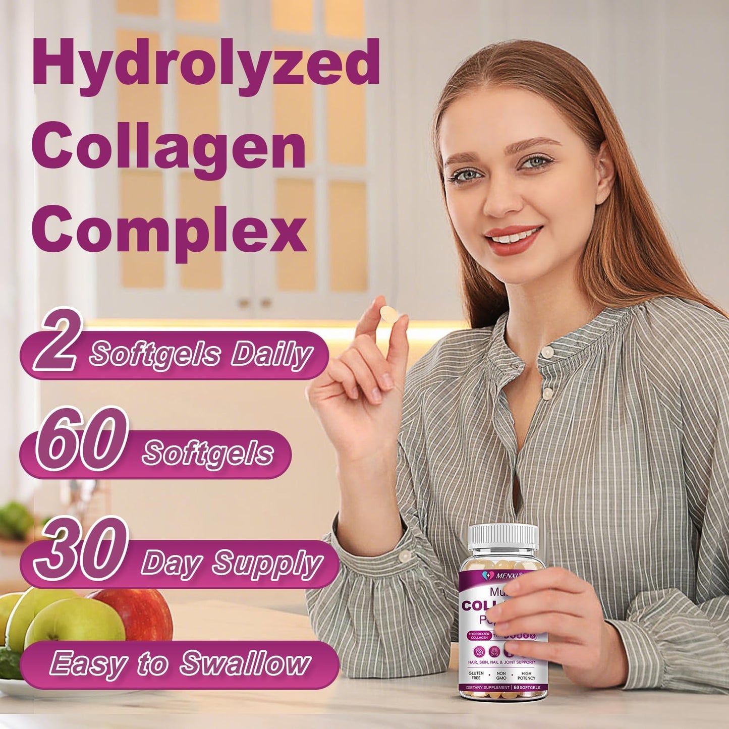MENXI Multi Collagen Peptides Softgel – Types I–X with Biotin, Vitamin C & Hyaluronic Acid