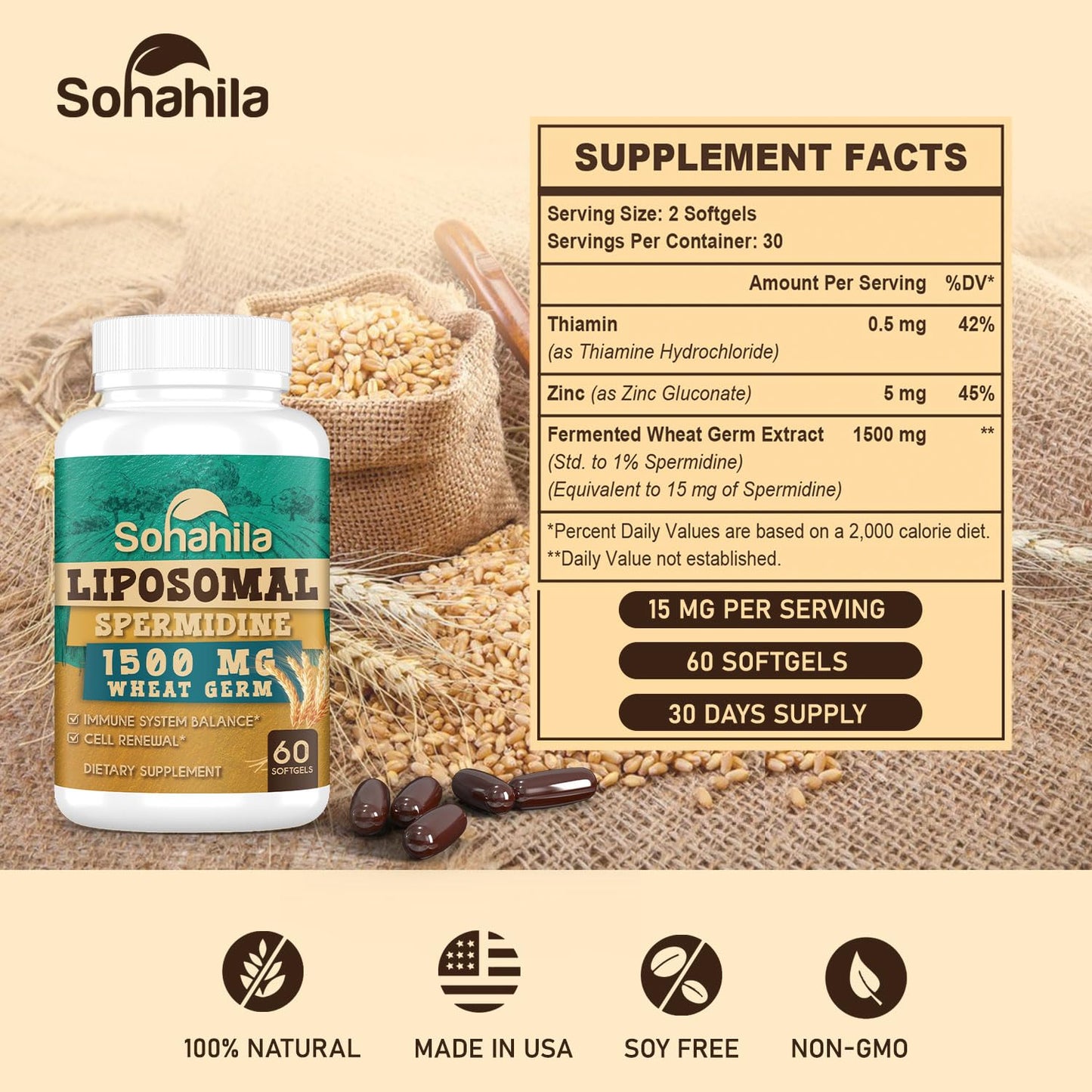 Sohahila Spermidine Supplement 15 MG – Liposomal, 99% Purity, 180 Softgels with Fermented Wheat Germ Extract