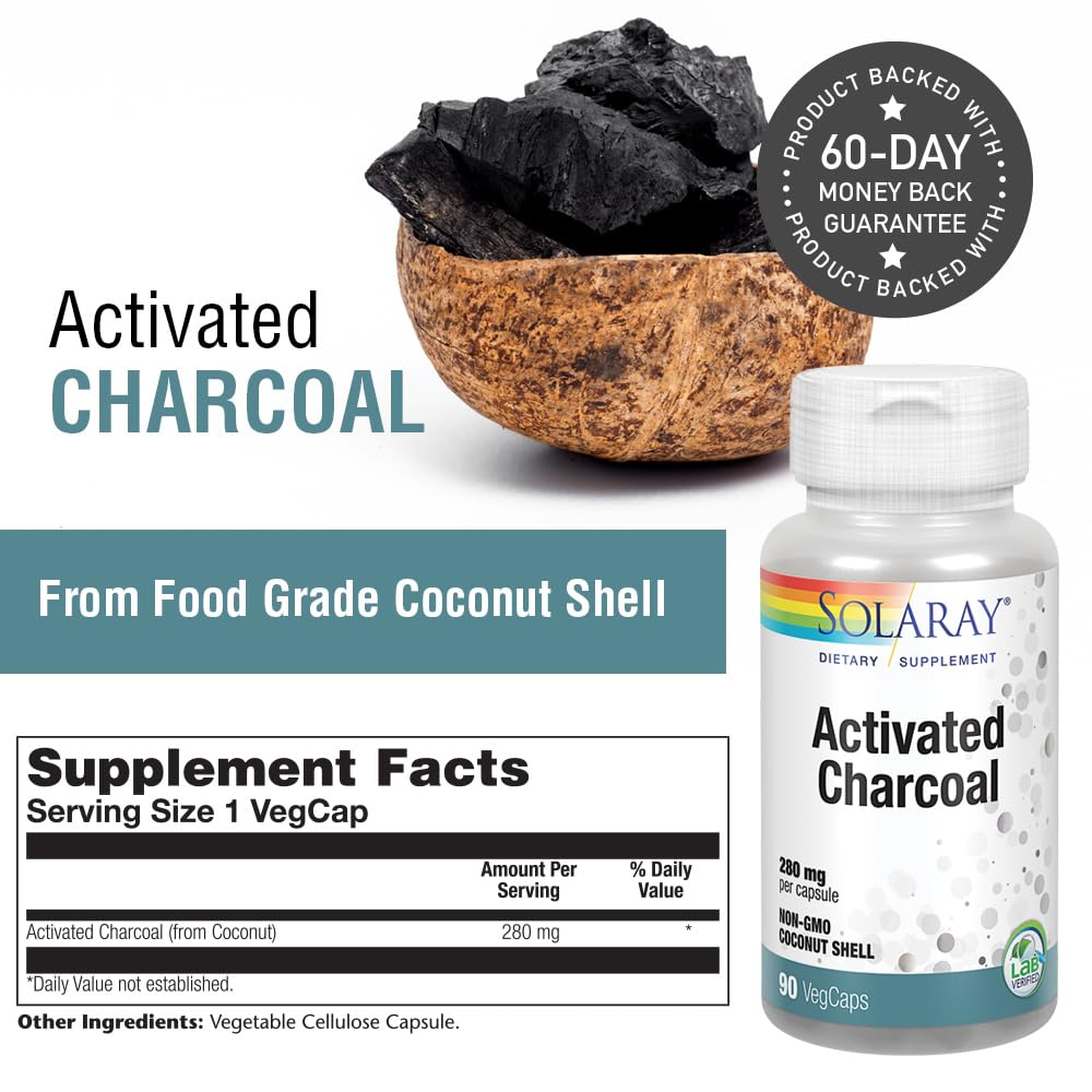 SOLARAY Activated Charcoal 280mg – Coconut Source | Non-GMO, Vegan | 90 Capsules