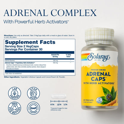 SOLARAY Adrenal Caps Freeze-Dried — Adrenal Support with Eleuthero, Gotu Kola, Licorice & Clove